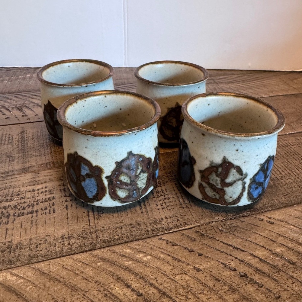Otagiri Stoneware Cups Set of 4 Cream Blue Brown Abstract Leaf Glaze Vintage